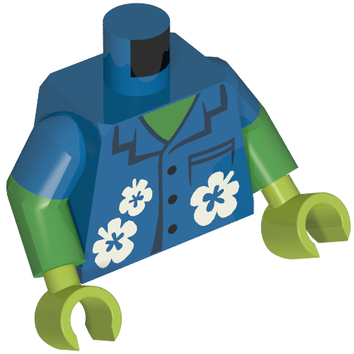 Torse, double bras moulés, chemise aux fleurs blanches, motif imprimé poitrine vert vif, motif manches bleues, bras vert vif, mains vert citron (Torso, Dual Molded Arms, Shirt with White Flowers, Bright Green Chest Print, Blue Sleeves Pattern, Bright Green Arms, Lime Hands)