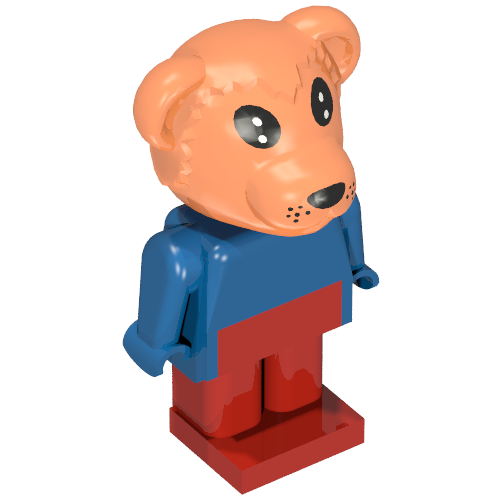 Rendu LDraw de Figurine Fabuland Bernard Ours à tête brune, torse bleu, bras et mains et jambes rouges (Fabuland Figure Bernard Bear with Brown Head, Blue Torso, Arms and Hands and Red Legs), couleur indicative