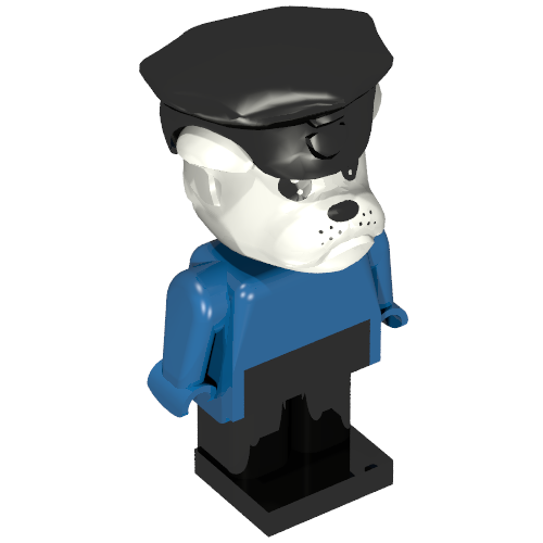 Rendu LDraw de Figurine Fabuland clarke bulldog avec tête blanche, torse bleu, bras et mains, jambes noires et chapeau de police noir (Fabuland Figure Constable Clarke Bulldog with White Head, Blue Torso, Arms and Hands, Black Legs and Black Police Hat), couleur indicative