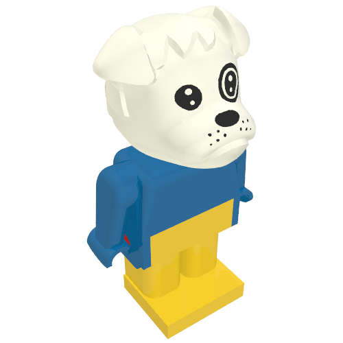 Rendu LDraw de Figurine Fabuland bouledogue boris avec tête blanche, torse bleu, bras et mains, et jambes jaunes (Fabuland Figure Boris Bulldog with White Head, Blue Torso, Arms and Hands, and Yellow Legs), couleur indicative
