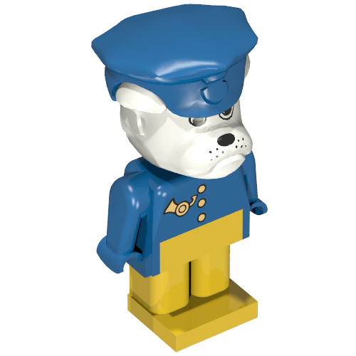Rendu LDraw de Figurine Fabuland bouledogue boris avec tête blanche, boutons dorés, bras et mains bleus, jambes jaunes et chapeau de facteur bleu (Fabuland Figure Boris Bulldog with White Head, Gold Buttons, Blue Arms and Hands, Yellow Legs and Blue Postman Hat), couleur indicative