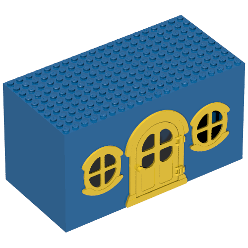 Rendu LDraw de Fabuland, Bâtiment, Maison avec porte jaune et fenêtres jaunes (Fabuland, Building, House Block with Yellow Door and Yellow Windows), couleur indicative