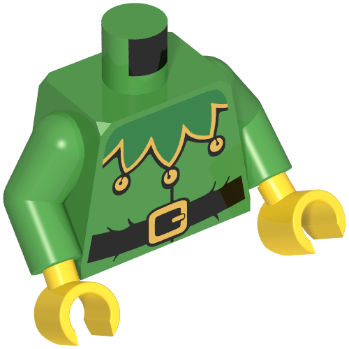 Torse, Veste avec col pointu avec cloches et motif imprimé ceinture (Elf), bras vert vif, mains jaunes (Torso, Jacket with Pointed Collar with Bells and Belt Print (Elf), Bright Green Arms, Yellow Hands)