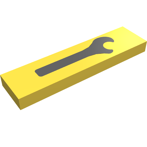 Rendu LDraw de Tuile 1 x 4 avec clé noire / clé motif imprimé (Tile 1 x 4 with Black Spanner / Wrench Print), couleur indicative