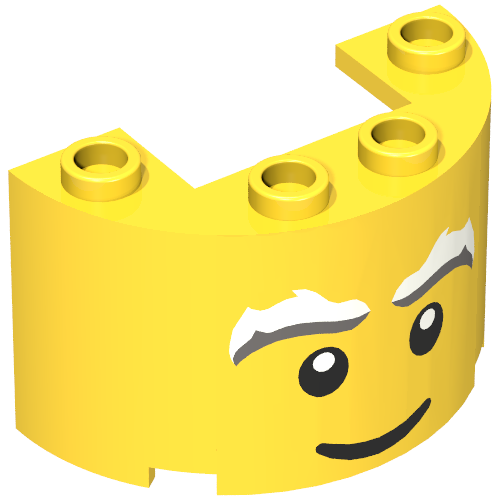 Rendu LDraw de Demi cylindre 2 x 4 x 2 avec 1 x 2 découpe avec visage souriant classique, motif imprimé sourcils blanc / gris (Cylinder Half 2 x 4 x 2 with 1 x 2 Cutout with Classic Smiling Face, White/Grey Eyebrows Print), couleur indicative