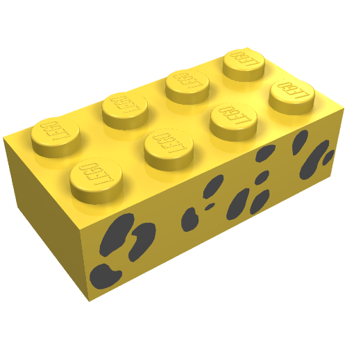 Rendu LDraw de Brique 2 x 4 avec motif imprimé taches noires aléatoires (Brick 2 x 4 with Black Random Spots Print), couleur indicative