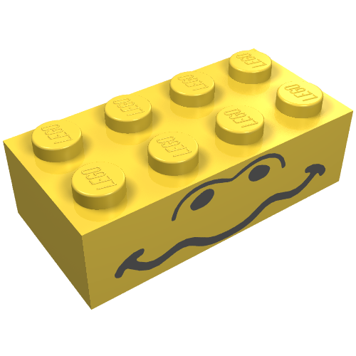 Rendu LDraw de Brique 2 x 4 avec motif imprimé bouche ondulée et yeux (Brick 2 x 4 with Wavy Mouth and Eyes Print), couleur indicative