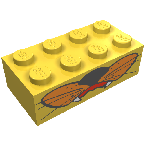 Rendu LDraw de Brique 2 x 4 avec museau, crocs et moustaches imprimé (Brick 2 x 4 with Snout, Fangs, and Whiskers Print), couleur indicative
