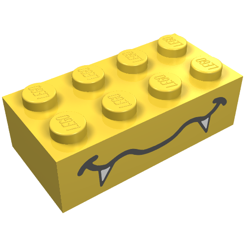 Rendu LDraw de Brique 2 x 4 avec motif imprimé bouche ondulée et crocs (Brick 2 x 4 with Wavy Mouth and Fangs Print), couleur indicative