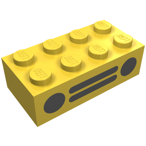 Rendu LDraw de Brique 2 x 4 avec grille de voiture (2 cercles, 2 lignes) Motif imprimé noir (Brick 2 x 4 with Car Grille (2 Circles, 2 Lines) Black Print), couleur indicative
