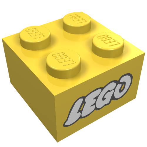 Rendu LDraw de Brique 2 x 2 avec LEGO Logo avec Open O White avec Black Outline Print, couleur indicative