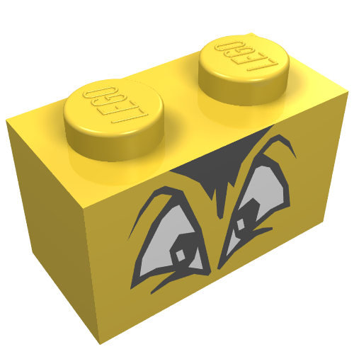 Rendu LDraw de Brique 1 x 2 avec motif d'yeux et de cheveux noir et blanc (Brick 1 x 2 with Black and White Squinting Eyes and Hair Print), couleur indicative