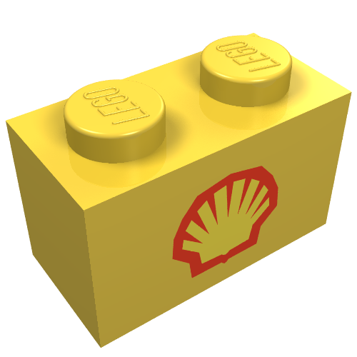 Rendu LDraw de Brique 1 x 2 avec logo Shell petit motif imprimé (Brick 1 x 2 with Shell Logo Small Print), couleur indicative