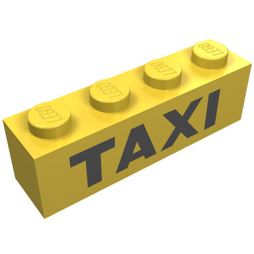 Rendu LDraw de Brique 1 x 4 avec motif imprimé noir 'TAXI' (Brick 1 x 4 with Black 'TAXI' Print), couleur indicative