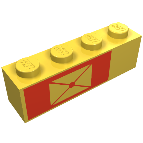Rendu LDraw de Brique 1 x 4 avec enveloppe sur fond rouge, motif imprimé à gauche (Brick 1 x 4 with Envelope on Red Background, Left Print), couleur indicative