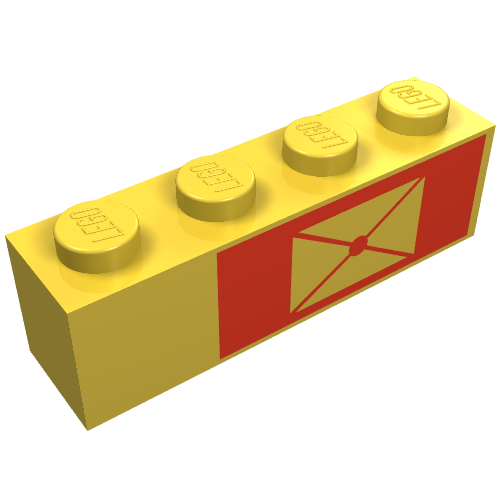 Rendu LDraw de Brique 1 x 4 avec enveloppe sur fond rouge, motif imprimé à droite (Brick 1 x 4 with Envelope on Red Background, Right Print), couleur indicative