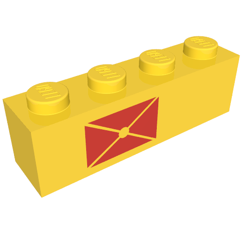 Rendu LDraw de Brique 1 x 4 avec motif imprimé enveloppe rouge, côté gauche (Brick 1 x 4 with Red Envelope Print, Left Side), couleur indicative