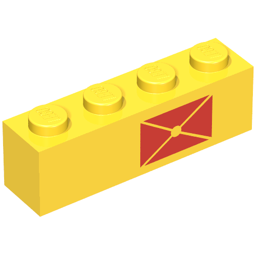 Rendu LDraw de Brique 1 x 4 avec motif imprimé enveloppe rouge, côté droit (Brick 1 x 4 with Red Envelope Print, Right Side), couleur indicative