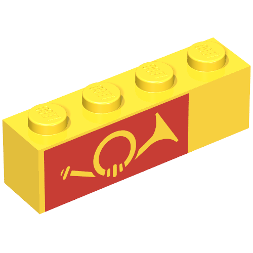 Rendu LDraw de Brique 1 x 4 avec corne sur fond rouge imprimé, côté gauche (Brick 1 x 4 with Horn on Red Background Print, Left Side), couleur indicative