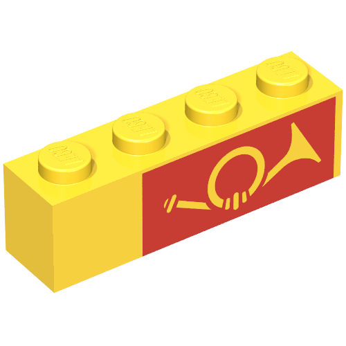 Rendu LDraw de Brique 1 x 4 avec corne sur fond rouge motif imprimé, côté droit (Brick 1 x 4 with Horn on Red Background Print, Right Side), couleur indicative