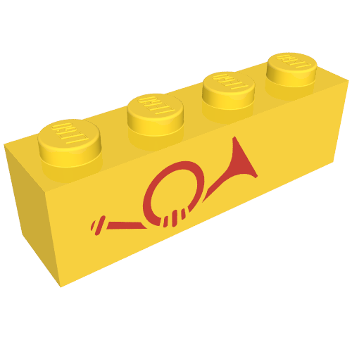 Rendu LDraw de Brique 1 x 4 avec corne rouge - Motif imprimé aligné à gauche (Brick 1 x 4 with Red Horn - Left Aligned Print), couleur indicative