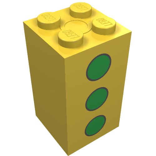 Rendu LDraw de Brique 2 x 2 x 3 avec motif imprimé 3 points verts (Brick 2 x 2 x 3 with 3 Green Dots Print), couleur indicative