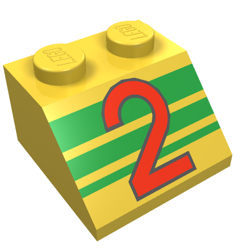 Rendu LDraw de Brique inclinée 45° 2 x 2 avec motif imprimé de rayures rouges '2' et vertes (Brick Sloped 45° 2 x 2 with Red '2' and Green Stripes Print), couleur indicative
