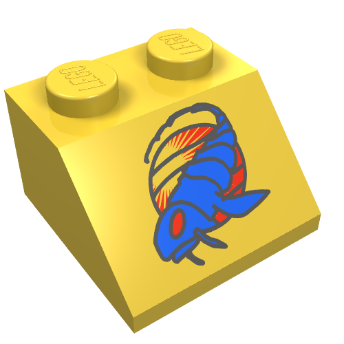 Rendu LDraw de Brique inclinée 45° 2 x 2 avec motif de poisson segmenté bleu (Brick Sloped 45° 2 x 2 with SW Blue Segmented Fish Print), couleur indicative
