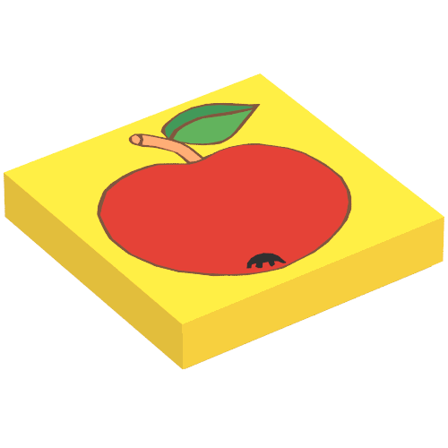 Rendu LDraw de Tuile 2 x 2 avec motif imprimé pomme rouge (Tile 2 x 2 with Red Apple Print), couleur indicative