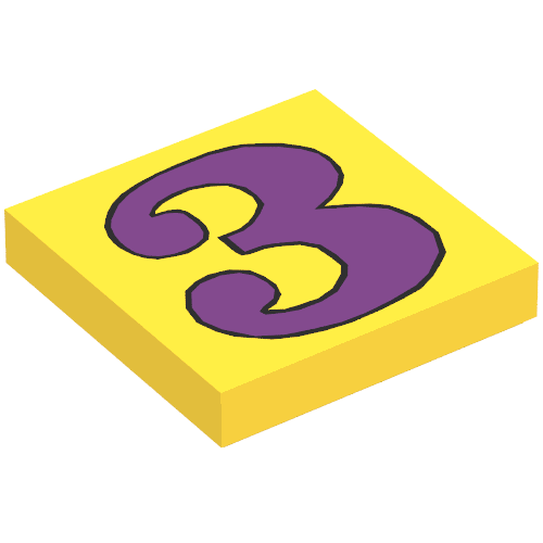 Rendu LDraw de Tuile 2 x 2 avec le numéro 3 Motif violet (Tile 2 x 2 with Number 3 Purple Pattern), couleur indicative