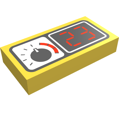 Rendu LDraw de Tuile 1 x 2 avec calibre et motif imprimé "23" (Tile 1 x 2 with Gauge and "23" Print), couleur indicative