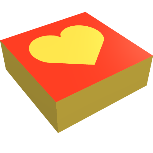 Rendu LDraw de Tuile 1 x 1 avec motif imprimé cœur jaune (Tile 1 x 1 with Yellow Heart Print), couleur indicative