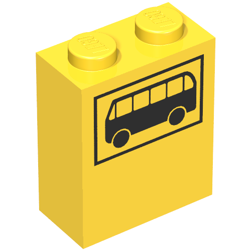 Rendu LDraw de Brique 1 x 2 x 2 avec motif imprimé bus noir (Brick 1 x 2 x 2 with Black Bus Print), couleur indicative