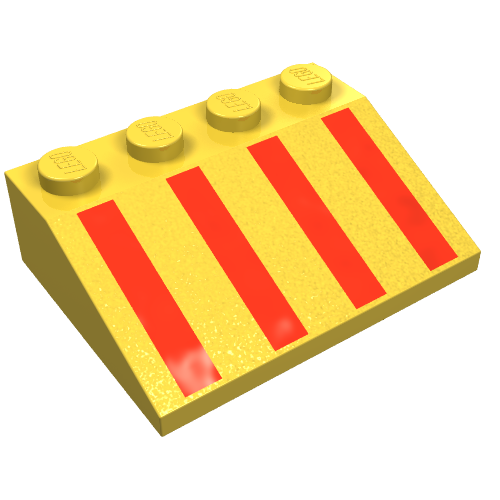 Rendu LDraw de Brique inclinée 33° 3 x 4 avec motif imprimé de rayures rouges (Brick Sloped 33° 3 x 4 with Red Stripes Print), couleur indicative