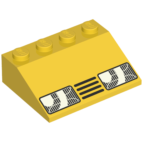 Rendu LDraw de Brique inclinée 33° 3 x 4 avec Phares et motif imprimé Grill (Brick Sloped 33° 3 x 4 with Headlights and Grill Print), couleur indicative