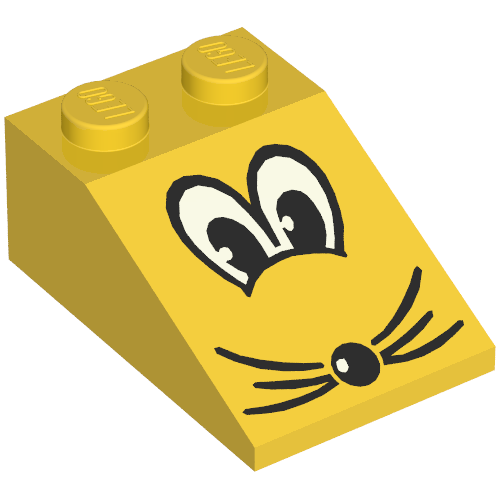 Rendu LDraw de Brique inclinée 33° 3 x 2 avec Yeux, Nez et Mousse (Brick Sloped 33° 3 x 2 with Eyes, Nose and Whiskers Print), couleur indicative