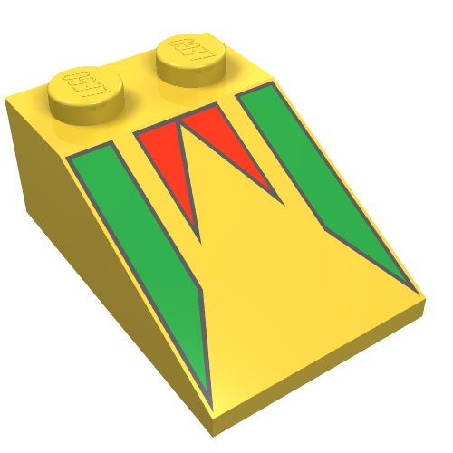 Rendu LDraw de Brique inclinée 33° 3 x 2 avec motif imprimé drapeau freestyle (Brick Sloped 33° 3 x 2 with Freestyle Flag Print), couleur indicative