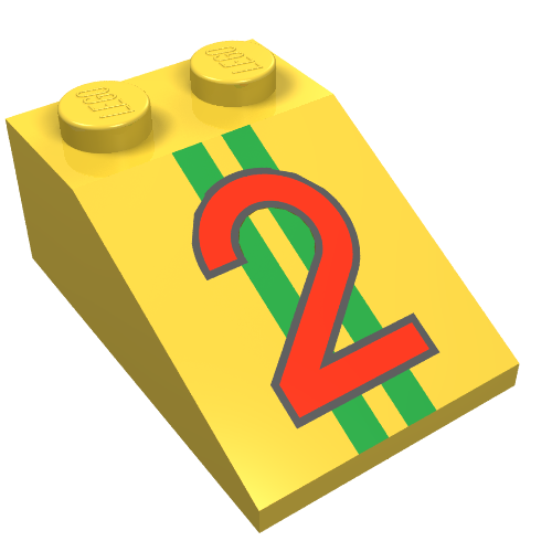 Rendu LDraw de Brique inclinée 33° 3 x 2 avec motif imprimé rouge '2' sur deux bandes vertes (Brick Sloped 33° 3 x 2 with Red '2' over Two Green Stripes Print), couleur indicative