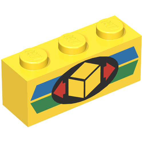 Rendu LDraw de Brique 1 x 3 avec rayures vertes et bleues avec logo Cargo (Brick 1 x 3 with Green and Blue Stripe with Cargo Logo Print), couleur indicative