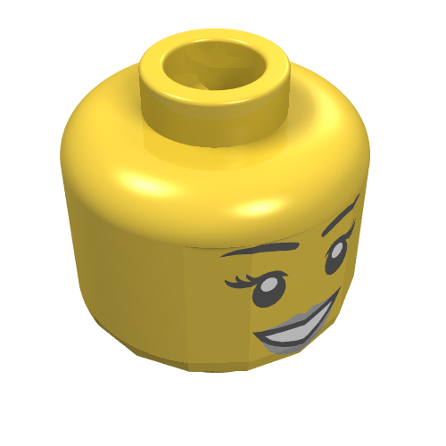 Tête de minifigurine, lèvres de pêche, sourire bouche ouverte, sourcils noirs motif imprimé [tenon creux bouché] (Minifig Head, Peach Lips, Open Mouth Smile, Black Eyebrows Print [Blocked Open Stud])