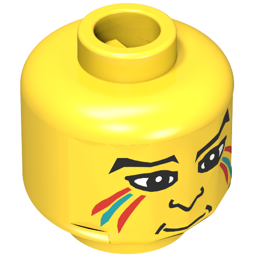 Tête de minifigurine indienne, peinture pour le visage avec des lignes peintes en rouge et bleu, sourcils, pupilles, motif imprimé sur le nez [tenon creux bouché] (Minifig Head Indian, Face Paint with Red and Blue Painted Lines, Eyebrows, Pupils, Nose Print [Blocked Open Stud])