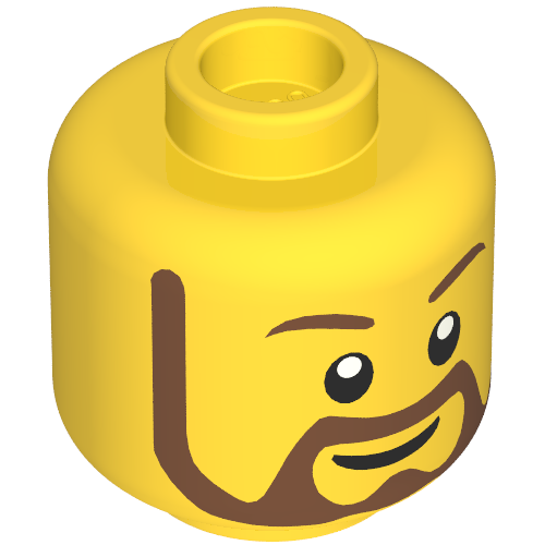 Tête de minifigurine, barbe brune arrondie, pupilles de l'œil blanc, motif imprimé de sourire (Minifig Head, Beard Brown Rounded, White Pupils, Grin Print)