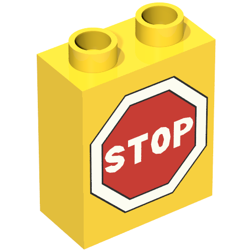 Rendu LDraw de Duplo Brique 1 x 2 x 2 avec Road Sign Stop Print, couleur indicative