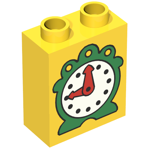 Rendu LDraw de Duplo Brique 1 x 2 x 2 avec Clock avec Red Hands Print, couleur indicative