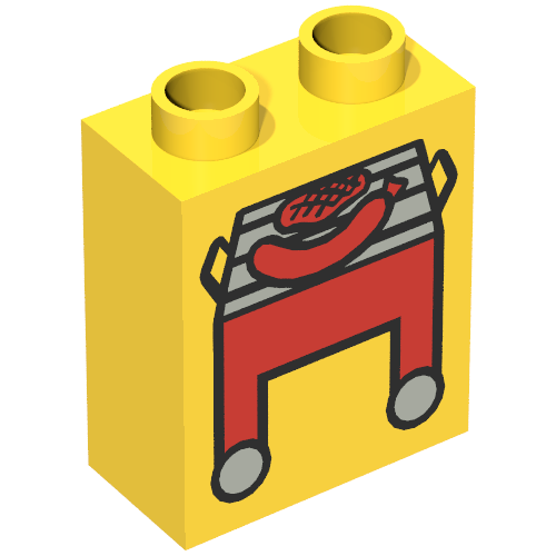 Rendu LDraw de Duplo Brique 1 x 2 x 2 avec Red Grill and Hot Dog Print, couleur indicative