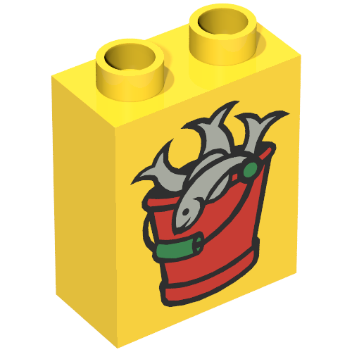 Rendu LDraw de Duplo Brique 1 x 2 x 2 avec Bucket of Fish Print, couleur indicative
