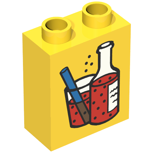 Rendu LDraw de Duplo Brique 1 x 2 x 2 avec Bottle and Glass avec Straw, Full of Fizzy Red Liquid Print, couleur indicative