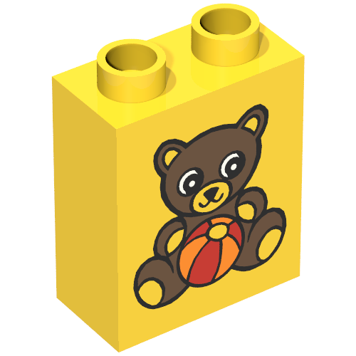 Rendu LDraw de Duplo Brique 1 x 2 x 2 avec Teddy Bear and Ball Print, couleur indicative
