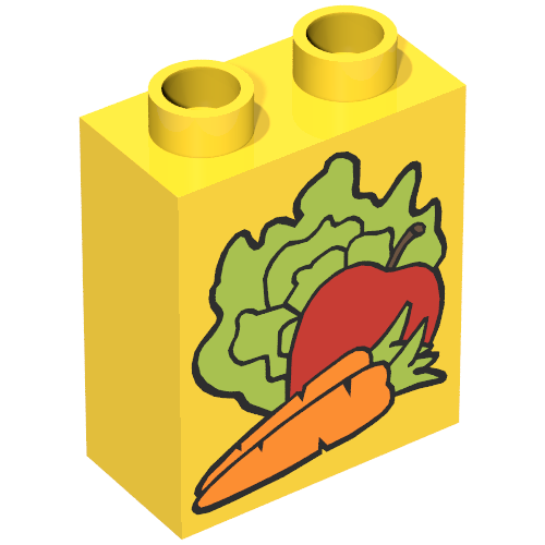 Rendu LDraw de Duplo Brique 1 x 2 x 2 avec Carrot, Apple, and Lettuce Print, couleur indicative