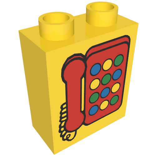 Rendu LDraw de Duplo Brique 1 x 2 x 2 avec Telephone Print 2, Red avec ronde Buttons, couleur indicative